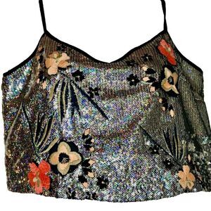Glamorous Sequin Stitched Floral Embellished Women's Top Size M